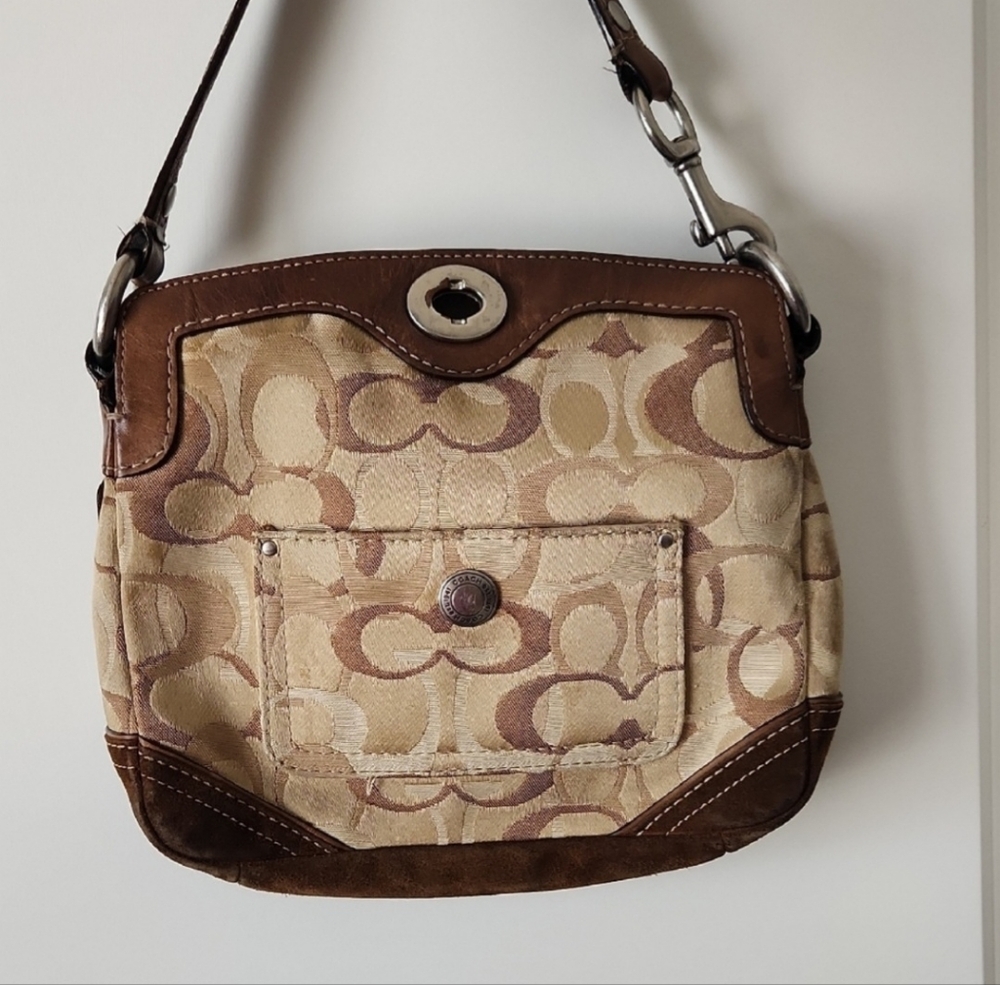 Coach Brown and Tan Mini Bag with Signature Monogram